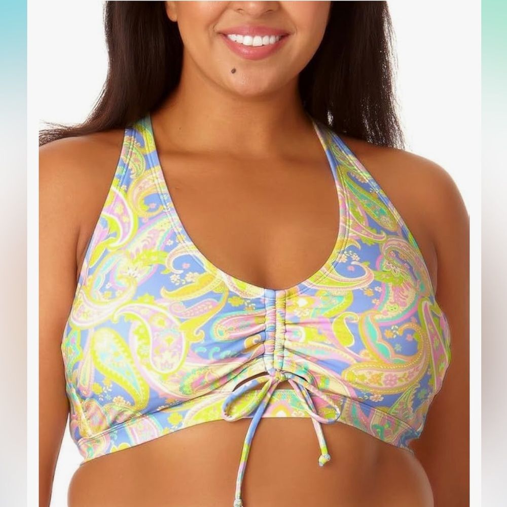 California Sunshine Plus Size Paisley-Print Cinched-Front Tie-Back Bikini Top